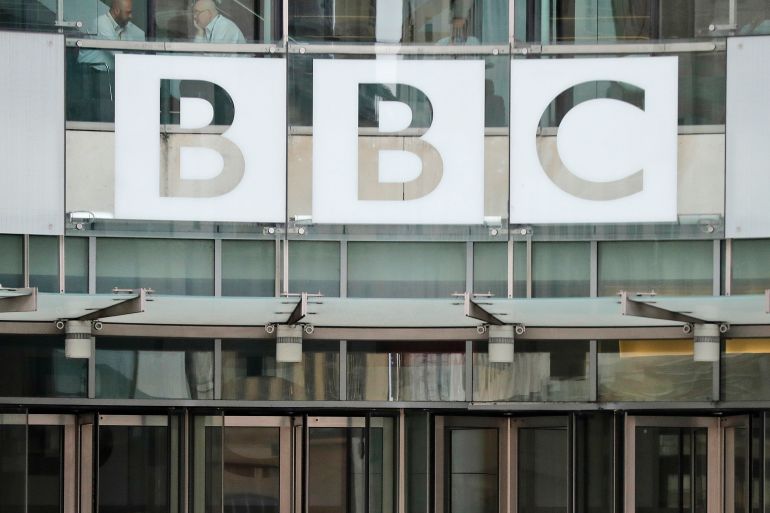 In this file photo dated Wednesday, July 19, 2017, The BBC sign outside the entrance to the headquarters of the publicly funded media organisation in London.