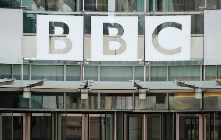  In this file photo dated Wednesday, July 19, 2017, The BBC sign outside the entrance to the headquarters of the publicly funded media organisation in London. 