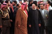 Saudi Arabia Crown Prince Abdullah Bin Abdul Aziz Al-Saud is greeted at Mehrabad Airport in Tehran by Iranian President Mohammad Khatami on December 8, 1997 [AP/Enric Marti]
