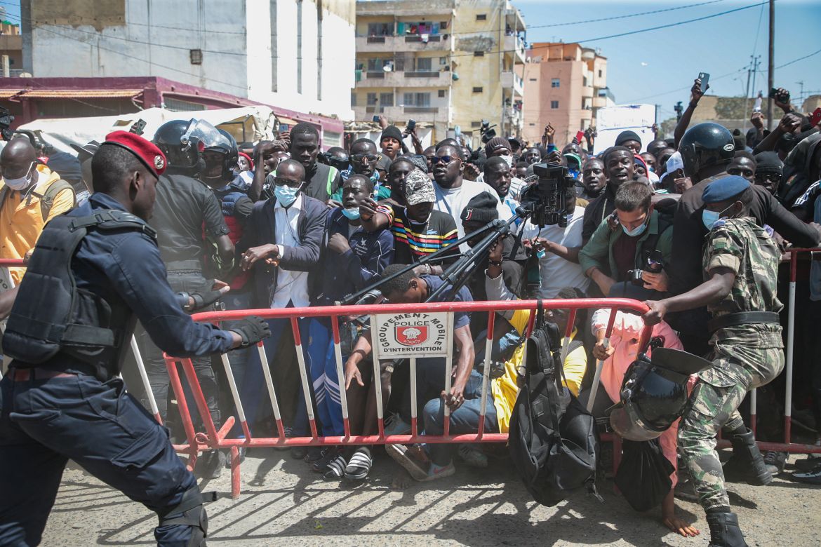 Opposition supporters of leader Ousmane Sonko violently clash with security forces as they protest his release, Dakar, Senegal, 08 March 2021