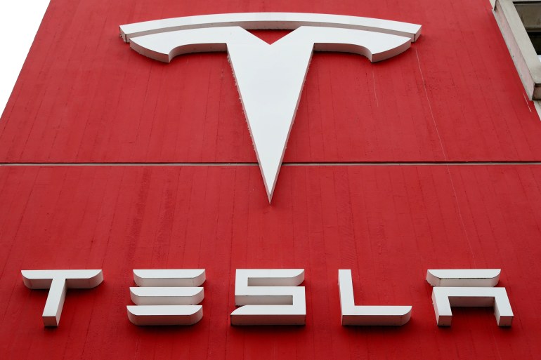 The logo of electric vehicle manufacturer Tesla