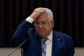 Palestinian President Mahmoud Abbas is seen gesturing during a speech