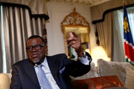 President Hage Geingob of Namibia gestures during an interview with Reuters in central London