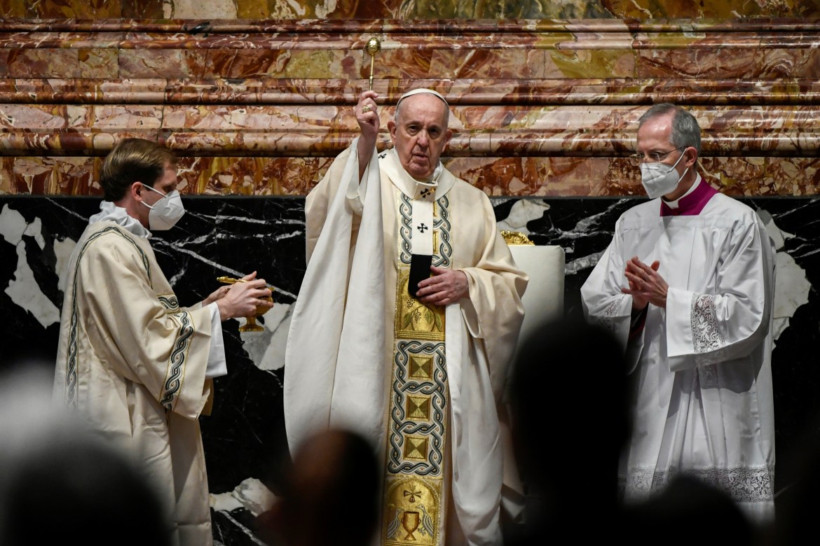Pope Francis celebrates Easter Mass at St Peter's Basilica at the Vatican. [Filippo Monteforte/Pool/Reuters]