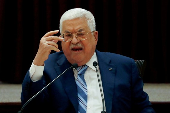 President Mahmoud Abbas gestures during a meeting in Ramallah, in the Israeli-occupied West Bank August 18, 2020.