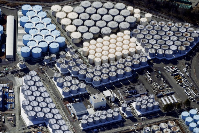 storage tanks for treated water seen from the air at the tsunami-crippled Fukushima Daiichi nuclear power plant