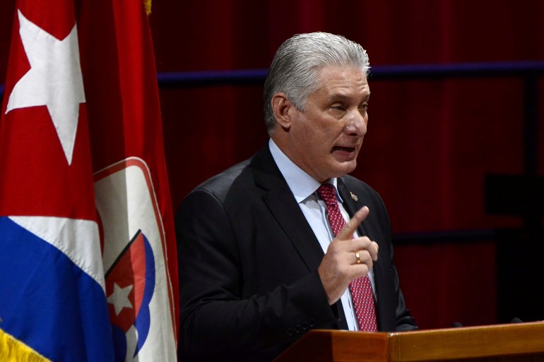 Cuba's President and newly-elected First Secretary of the Communist Party Miguel Diaz-Canel speaks during the closing session of the 8th Congress of the Communist Party in Havana, Cuba, on April 19, 2021 [Ariel Ley Royero/ACN via Reuters]
