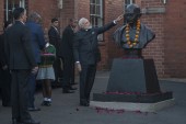 India&#39;s Prime Minister Narendra Modi touches a statue of Mahatma Gandhi in tribute to him during an official visit to Johannesburg, South Africa, on July 8, 2016 [Ihsaan Haffejee/Anadolu Agency/Getty Images]