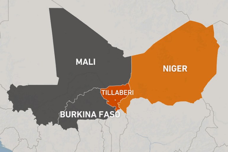 Niger map showing Tillaberi, Mali and Burkina Faso