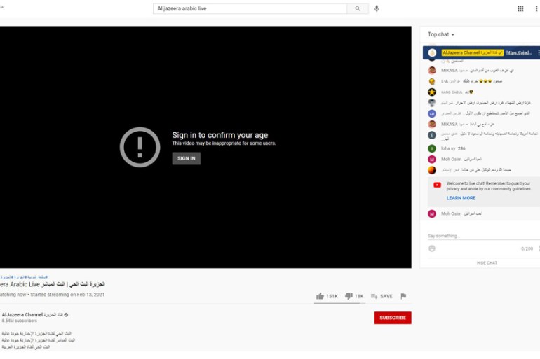 YouTube adds age restriction to Al Jazeera Arabic live stream