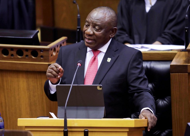 President Cyril Ramaphosa delivers his State of the Nation address in parliament in Cape Town, South Africa, February 11, 2021 [Esa Alexander/Pool via Reuters]