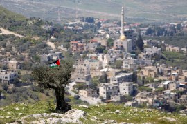 A Palestinian flag hangs on a tree during a protest against Jewish settlements in An-Naqura village