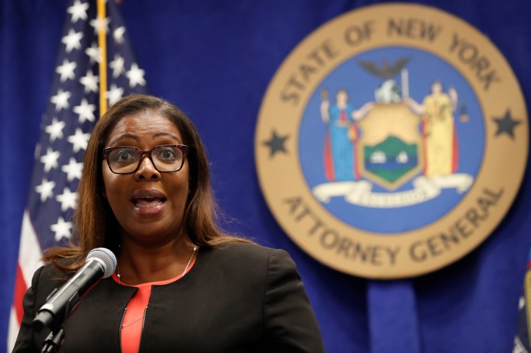 New York State Attorney General Letitia James speaks during a news conference.
