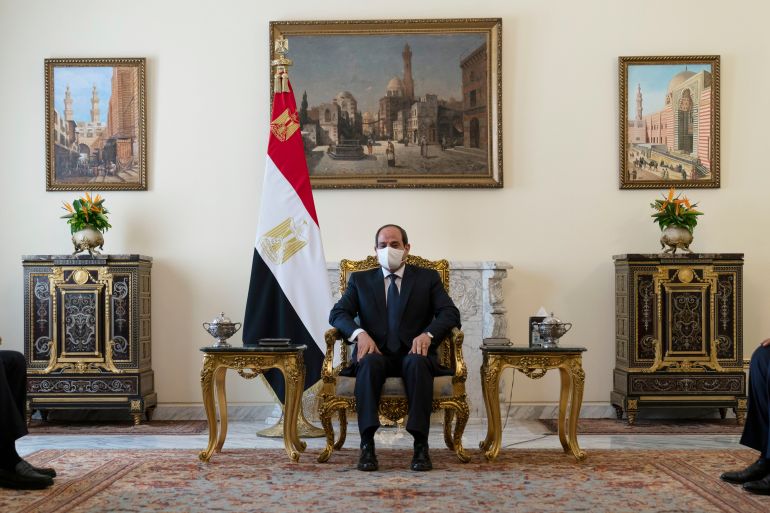 Egyptian President Abdel Fattah el-Sisi is seated for a meeting with Antony Blinken in Cairo, Egypt.