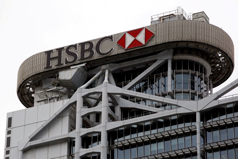 The HSBC logo on a building in Hong Kong, China.