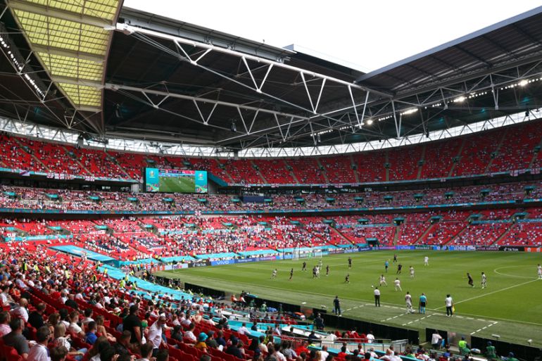 General view of the Wembley stadium during the UEFA EURO 2020 group D preliminary round soccer match between England and Croatia in London, Britain, 13 June 2021.