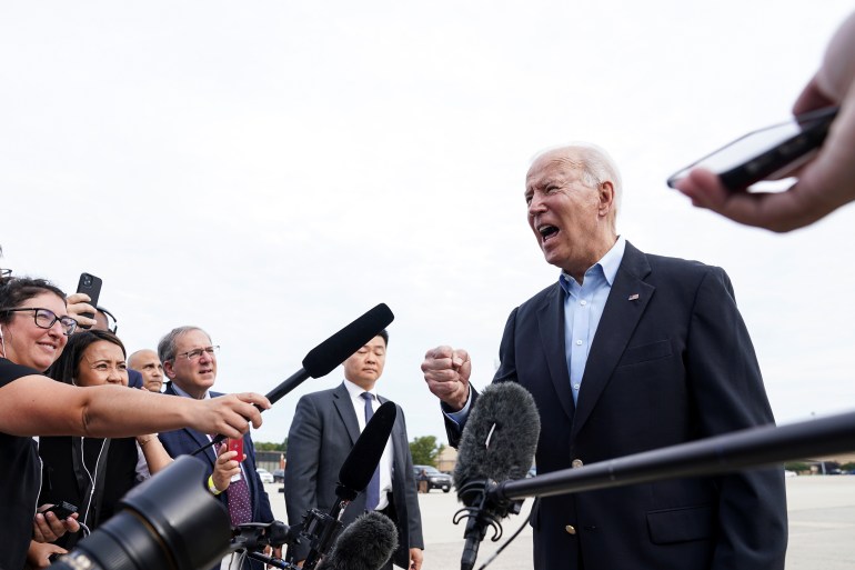 President Joe Biden talks to reporters before boarding Air Force One as he departs to attend the G7 Summit in England, the first foreign trip of his presidency [Kevin Lamarque/Reuters]