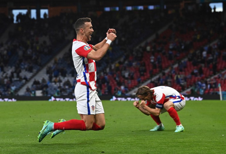 Ivan Perisic de Croatie célèbre en marquant un but lors du match entre la Croatie et l'Écosse en 2021.