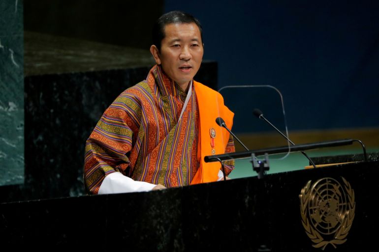 Bhutan's Prime Minister Lotay Tshering speaking at the United Nations General Assembly.
