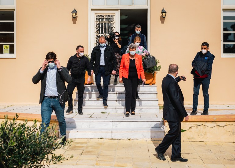 Ilva Johansson leaves the site after an official press conference with Greek migration minister Mitarakis on the island of Lesbos on March 29, 2021
