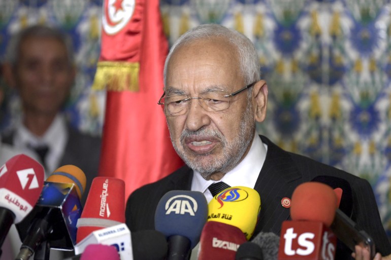 Ghannouchi, 81, speaks at a press conference