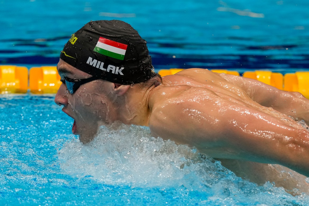 Kristof Milak, of Hungary, swims in the men's 200-metre butterfly final. [Charlie Riedel/AP Photo]