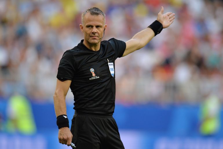 Dutch referee Bjorn Kuipers reacts during the FIFA World Cup 2018 quarter final soccer match between Sweden and England in Samara, Russia, 07 July 2018.