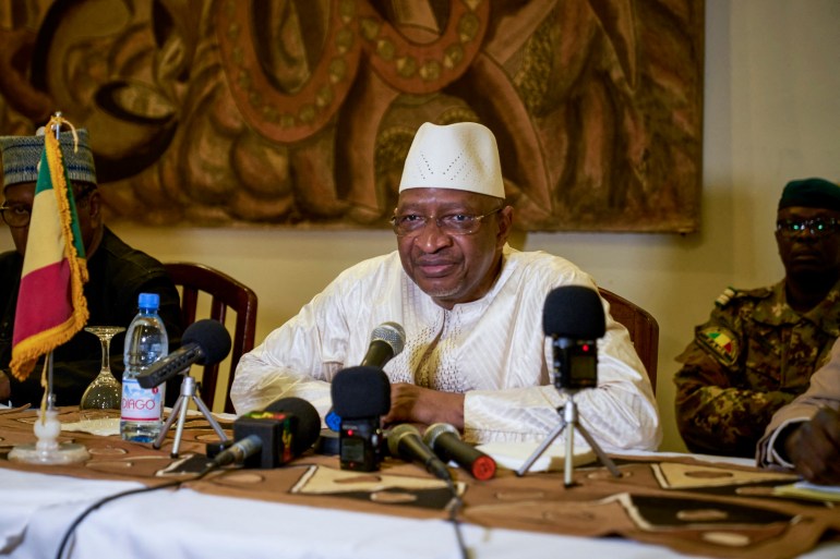 Former Malian Prime Minister Soumeylou Boubeye Maiga addresses the press in Mopti in October 2018 while he was in office