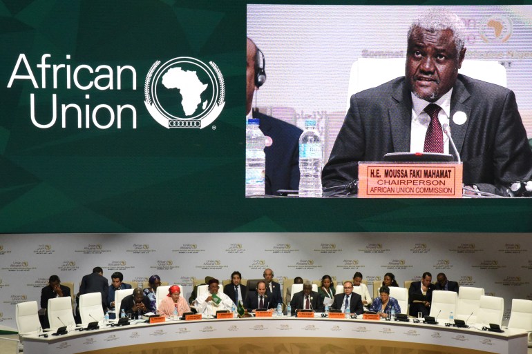 Chairperson of the African Union Commission Moussa Faki Mahamat delivers a speech