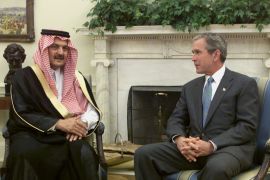 US President George W Bush speaks with Saudi Arabia&#39;s Foreign Minister Prince Saud al-Faisal at the White House on September 20, 2001 [Reuters]