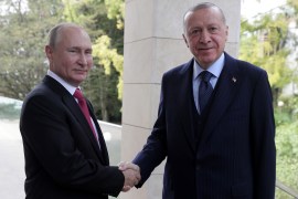 Russian President Vladimir Putin shakes hands with Turkish President Tayyip Erdogan.