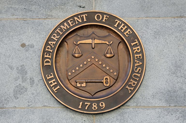 Signage is seen at the United States Department of the Treasury headquarters in Washington, D.C., U.S.