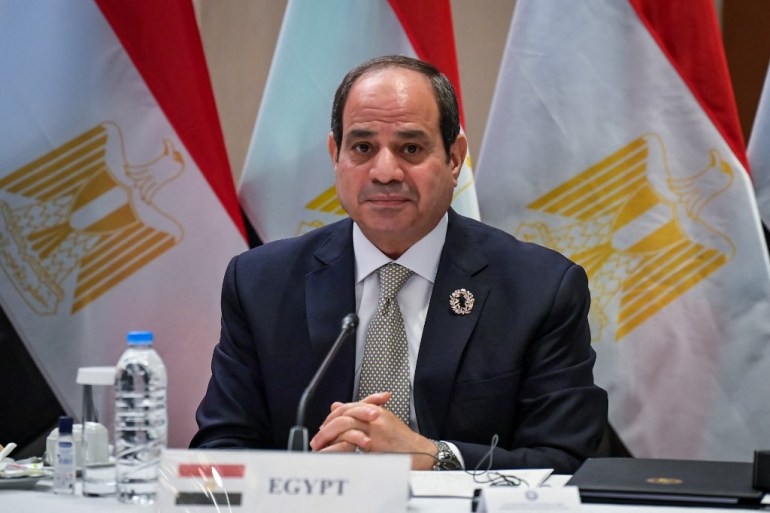 Egyptian President Abdel Fattah el-Sisi sits in front of a microphone