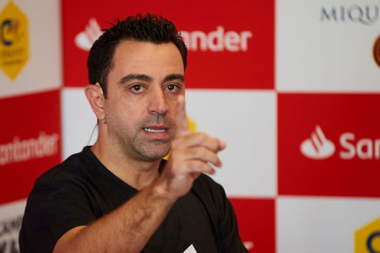 Former FC Barcelona midfielder and current head coach of Qatar Stars League club Al Sadd, Xavi Hernandez attends to the presentation of a summer camp of Santander Bank during an act held in Barcelona, Catalonia, Spain, 10 June 2021