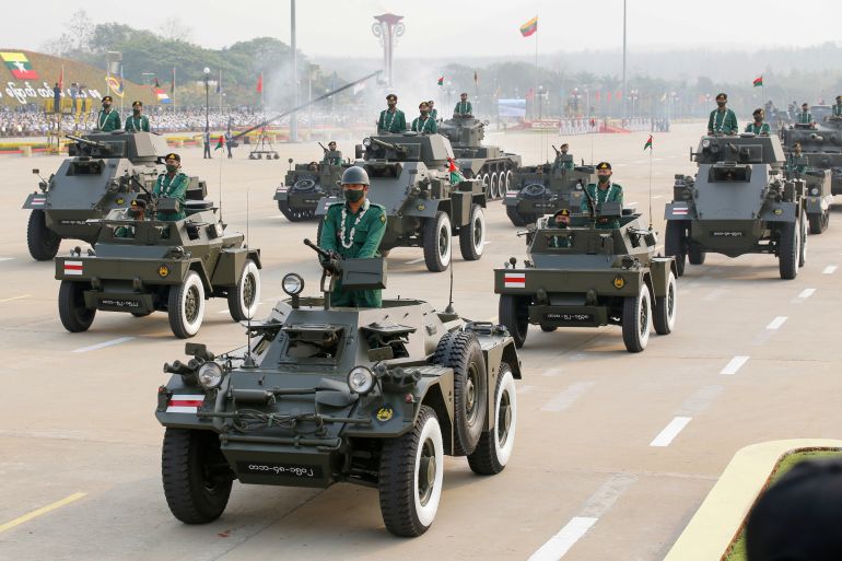 Armoured vehicles during a military display on armed forces day in Naypyitaw, Myanmar, in March 2021.