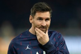 PSG''s Lionel Messi strokes his chin during the warm-up before the Champions League Group A soccer match between Paris Saint-Germain and Manchester City at the Parc des Princes in Paris, Tuesday, Sept. 28, 2021