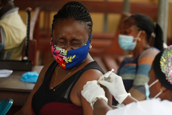 A woman gets a covid-19 vaccine at the Ikeja primary health Centre in Lagos,