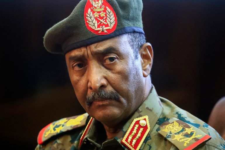 Sudan's top army general Abdel Fattah al-Burhan speaks during a press conference at the General Command of the Armed Forces in Khartoum in 2021 [File: Ashraf Shazly/AFP]