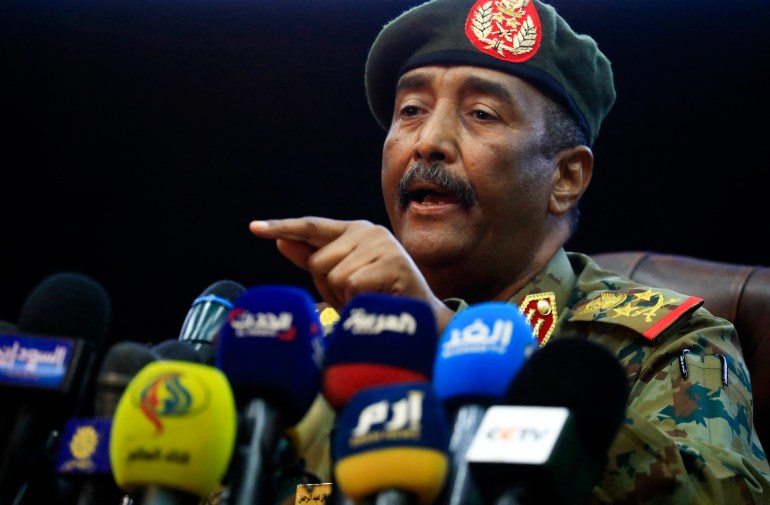 Sudan's top army general Abdel Fattah al-Burhan speaks during a press conference at the General Command of the Armed Forces in Khartoum