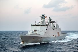 The Danish support vessel L17 Esbern Snare is pictured during training with the Norwegian frigate HNoMS Helge Ingstad in the Mediterranean Sea [Lars Magne Hovtun/AFP]