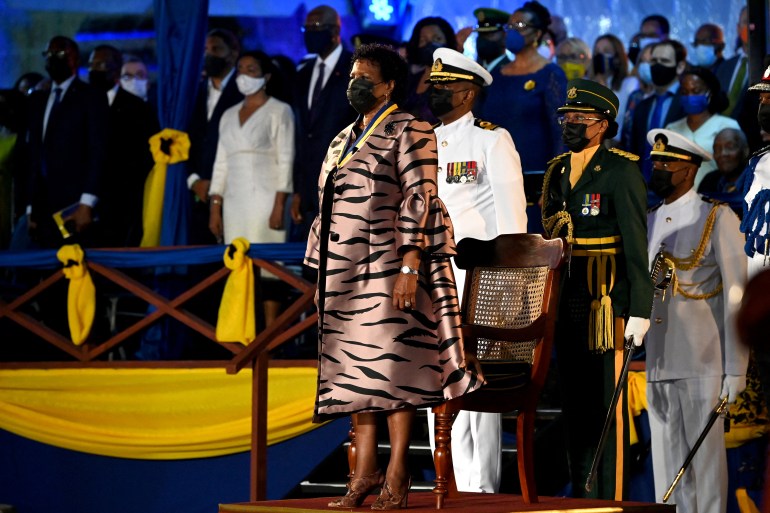 Barbados’s new president, Dame Sandra Mason, stands after being sworn in on Tuesday.