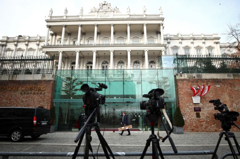 Cameras stand outside Palais Coburg, the site of a meeting of the Joint Comprehensive Plan of Action (JCPOA), in Vienna, Austria, November 29, 2021.