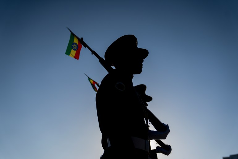 A band marches during a ceremony to support Ethiopian troops in the Amhara region.