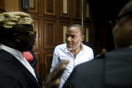 In this file picture, Indigenous People of Biafra leader Nnamdi Kanu is seen at the Federal High Court Abuja, Nigeria in January 2016
