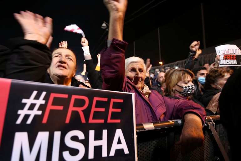 Saakashvili supporters hold #freemisha banner in Tbilisi