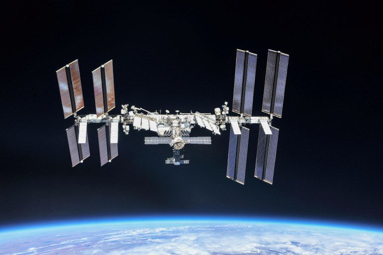 The International Space Station (ISS) photographed by Expedition 56 crew members from a Soyuz spacecraft after undocking