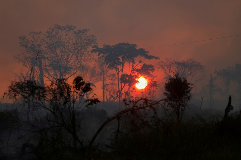Smoke fills the air in a deforested plot of the Brazilian Amazon rainforest