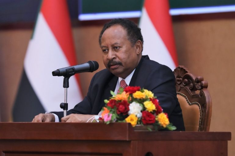 Sudan’s ousted Prime Minister Abdalla Hamdok makes an address.