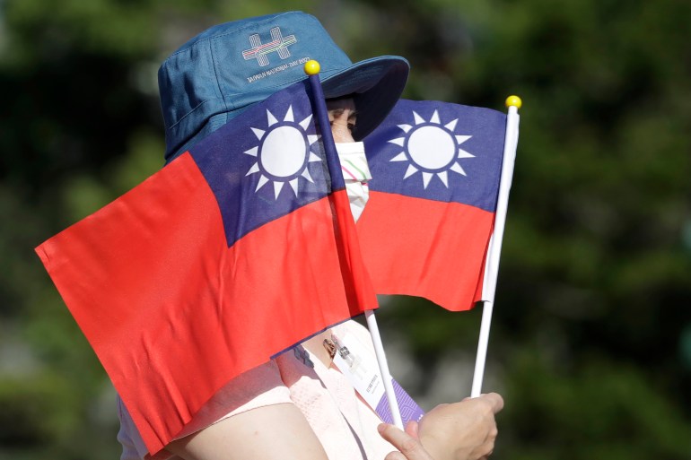A woman holds up Taiwan national flags