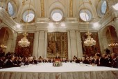 American President George Bush makes his opening speech at the Middle East peace conference, in the Palacio Real, Madrid, on October 30, 1991 [File: AP]